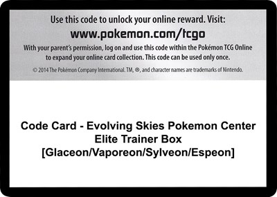 Code Card - Evolving Skies Pokemon Center Elite Trainer Box [Glaceon/Vaporeon/Sylveon/Espeon] (PC ETB)