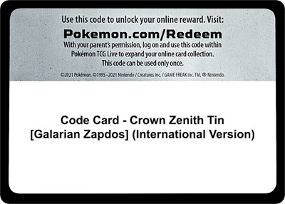 Code Card - Crown Zenith Tin [Galarian Zapdos] (International Version)