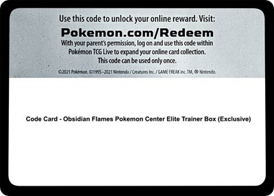 Code Card - Obsidian Flames Pokemon Center Elite Trainer Box (Exclusive) (PC ETB)