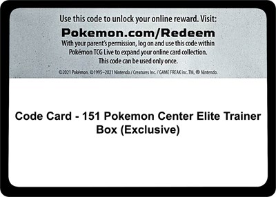 Code Card - 151 Pokemon Center Elite Trainer Box (Exclusive) (PC ETB)