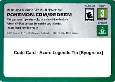 Code Card - Azure Legends Tin [Kyogre ex]