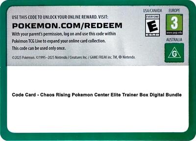 Code Card - Chaos Rising Pokemon Center Elite Trainer Box Digital Bundle (PC ETB)